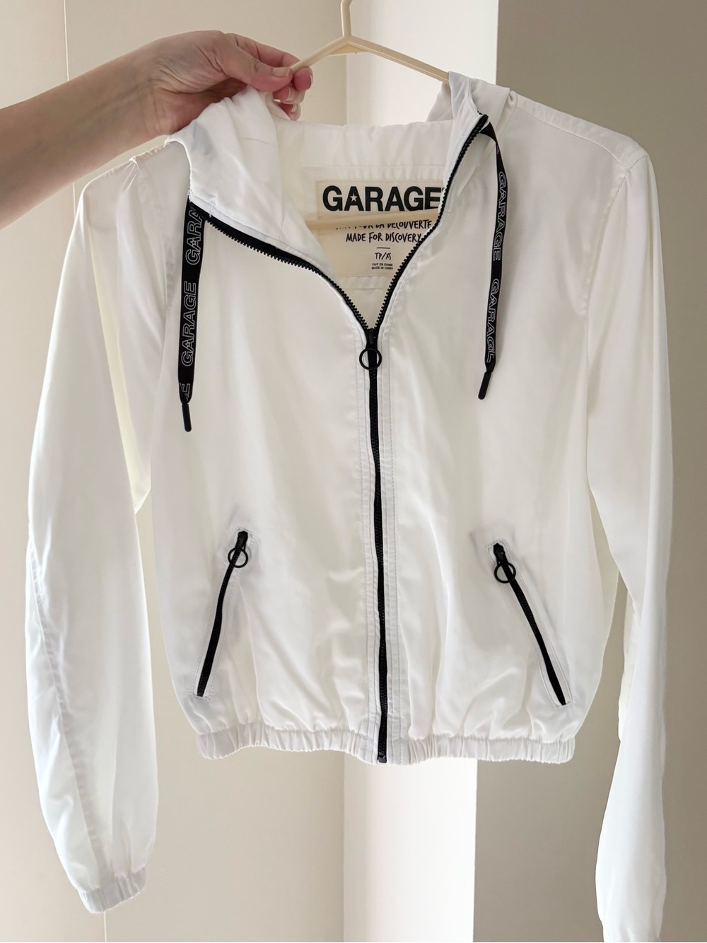 Garage White Hooded Bomber Jacket with Black Trim